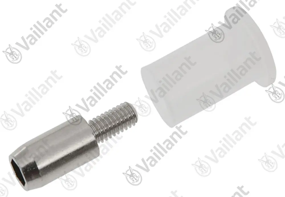 Vaillant Druckmessnippel aus Metall mit Gewinde und abnehmbarem Kunststoffschutz.
